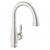 Смеситель для кухни однорычажный GROHE Parkfield с выдвижной лейкой, C-образный излив, суперсталь (30215DC1) — фото, характеристики, купить в SMOLENSK-CLIMBO