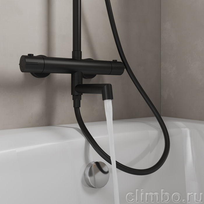 Смеситель термостатический для ванны со стойкой и тропической лейкой, черный матовый, Идеал Спа (Ideal Spa), Milardo, ILSBLTHM06 — фото, детали конструкции