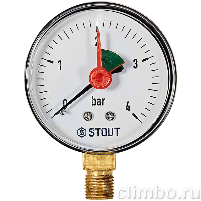 Манометр радиальный с указателем предела STOUT корпус Dn 63 мм 1/4 , 0...4 бар, кл.2.5 — фото, детали конструкции