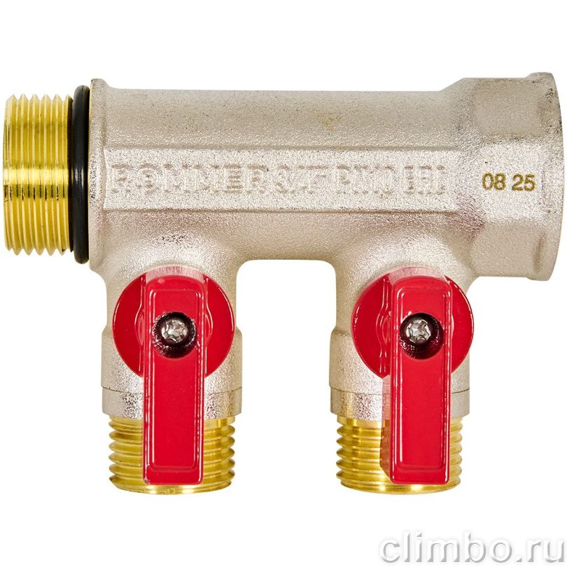 Коллектор распределительный ROMMER RMB-0007CF с шаровыми кранами 3/4, 2 отвода 1/2, под компрессионный фитинг для полимерных труб (красные ручки, синие в комплекте) — фото, детали конструкции