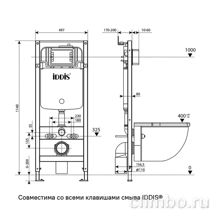 Комплект 3в1: подвесной унитаз, инсталляция и черная клавиша смыва, Бэйсик (Basic), IDDIS, BASTQ02i73 — фото, детали конструкции